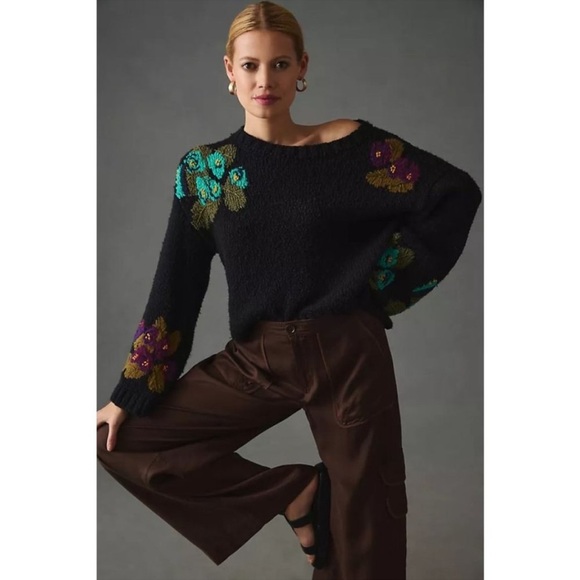 Anthropologie Sweaters - Anthropologie Maeve Embroidered Flowers Cropped Sweater Size Medium NWT